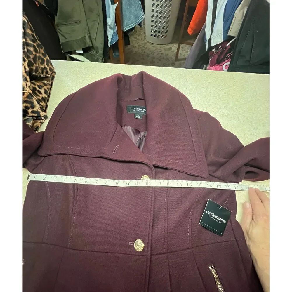 Liz Claiborne Wool Blend Single Breasted Pleated Jacket Sz L Wine NWT $220 - Picture 4 of 8